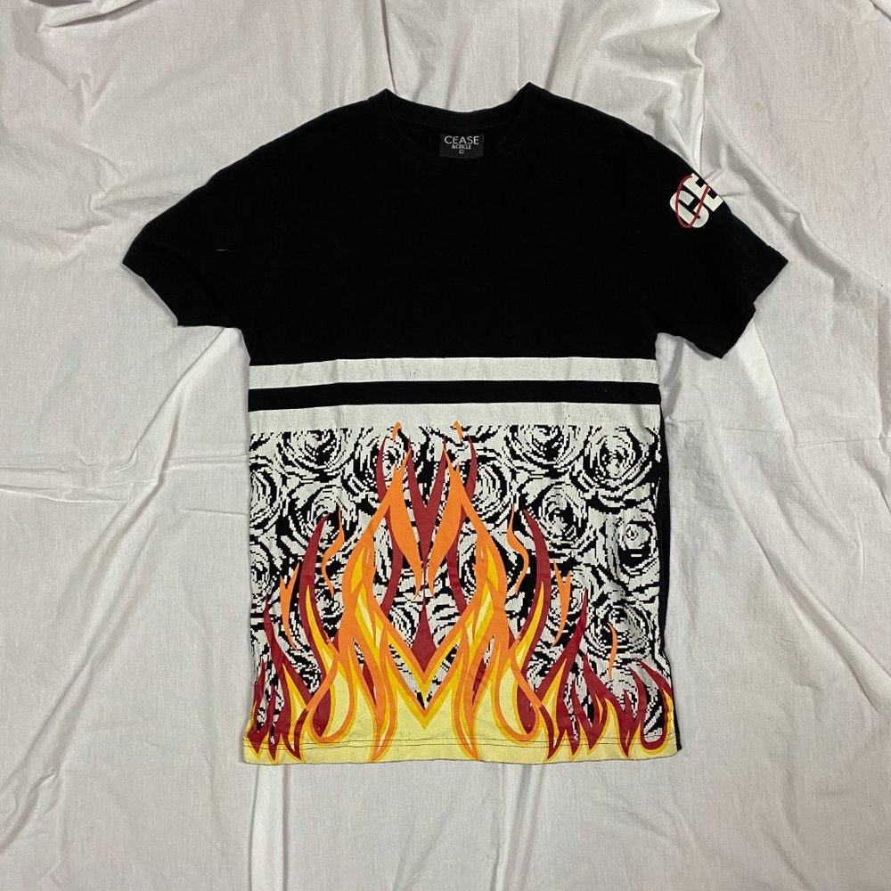 Large Graphic T-Shirt -Colorful Flame Design on a Black shirt- Crease and Circle